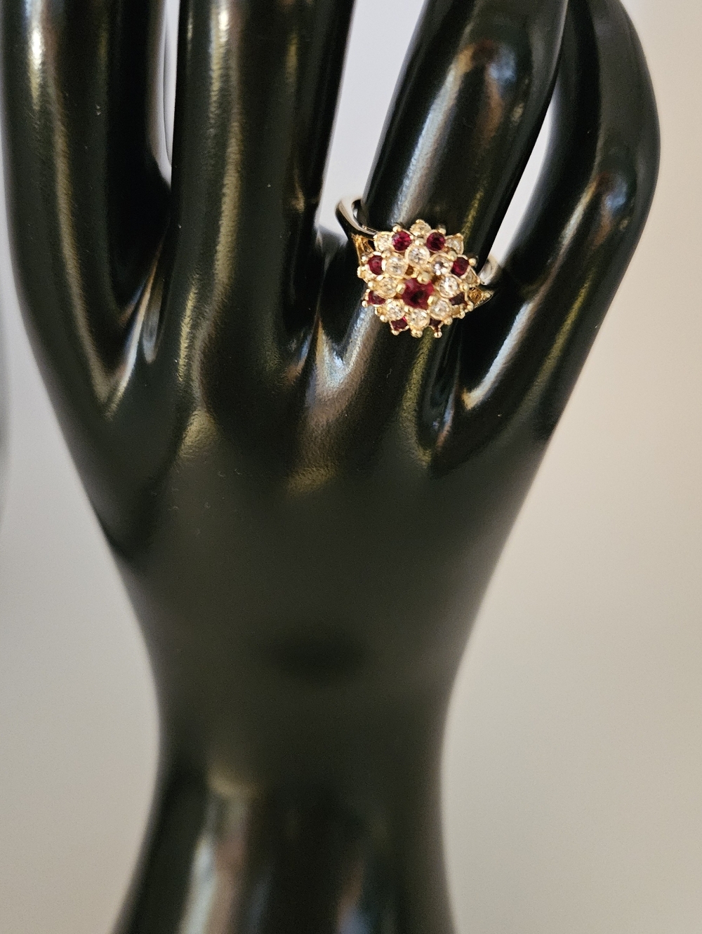 Vintage 18K HGE Gold Plated Red Ruby Clear Rhinestone Cluster Ring Size 5 Tiered